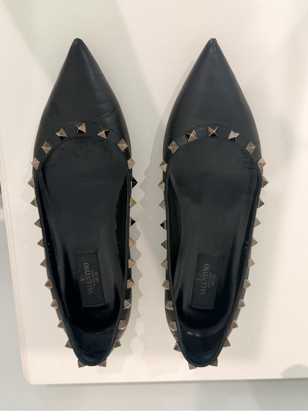 Valentino Black Leather Pointed Rockstud Flats